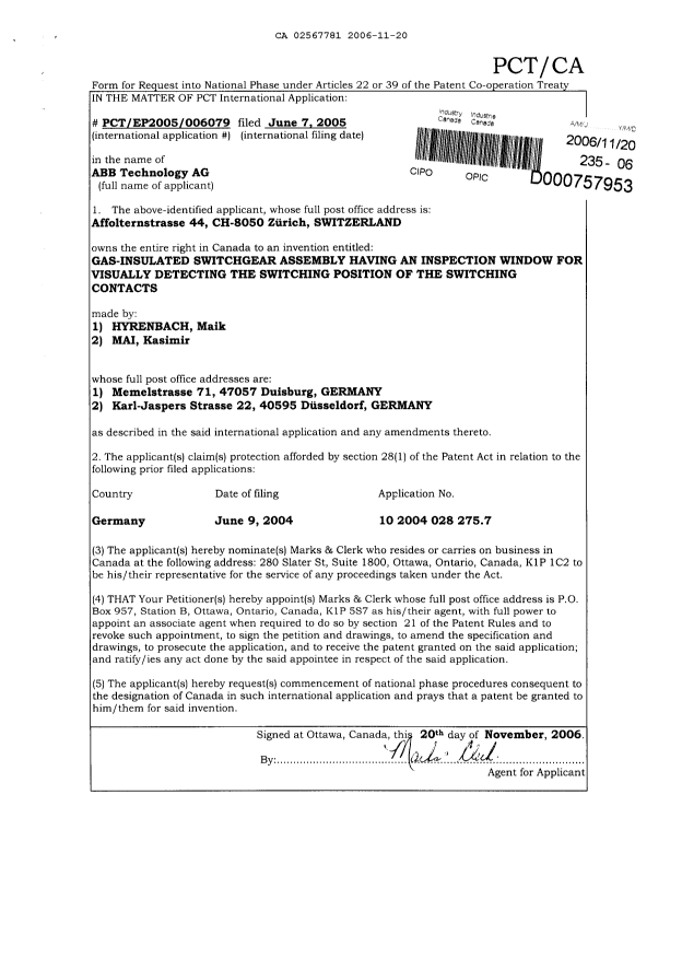 Document de brevet canadien 2567781. Cession 20051220. Image 2 de 2