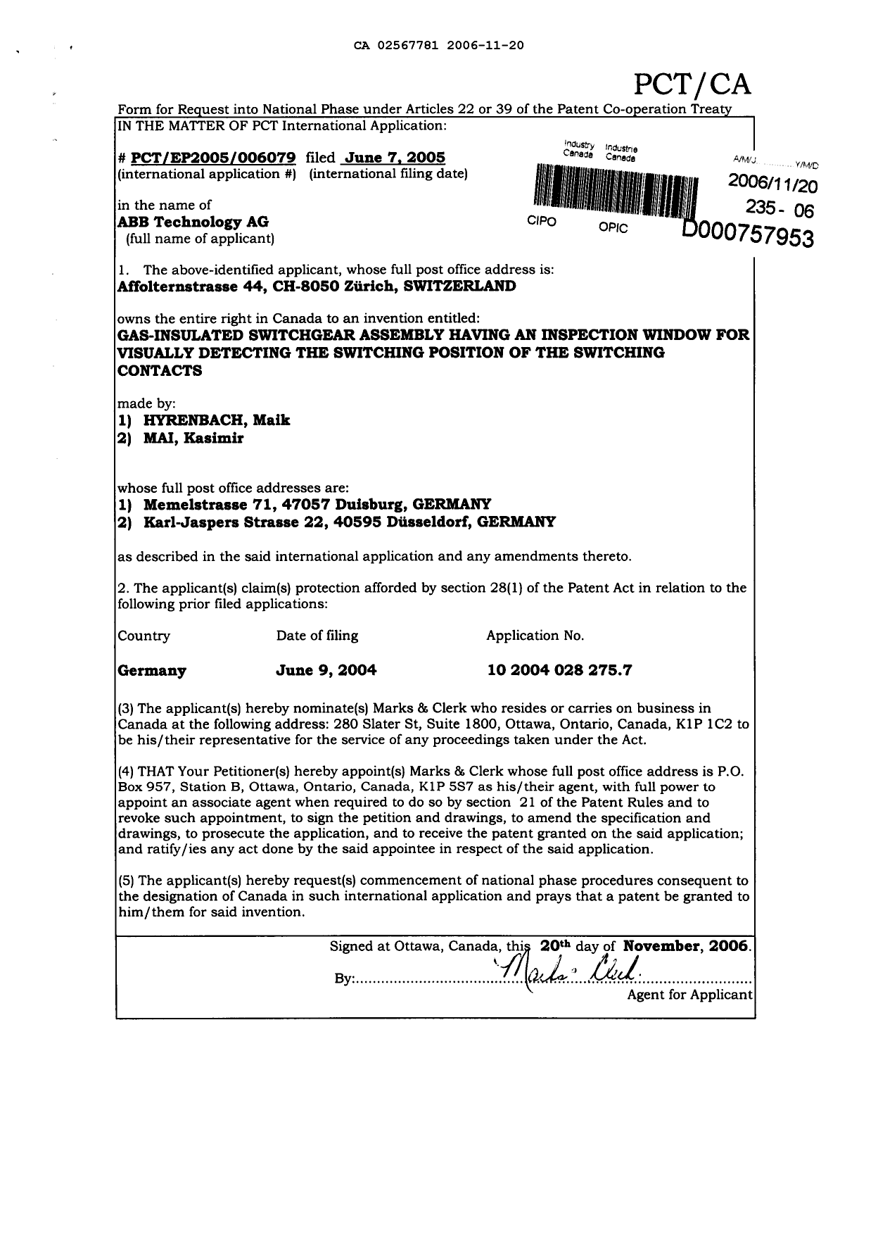Document de brevet canadien 2567781. Cession 20051220. Image 2 de 2