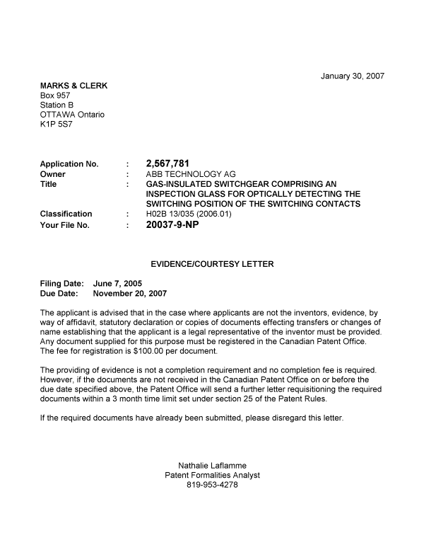 Document de brevet canadien 2567781. Correspondance 20061223. Image 1 de 1