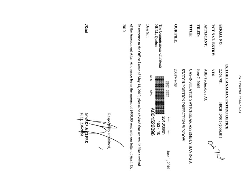 Canadian Patent Document 2567781. Prosecution-Amendment 20091201. Image 1 of 1