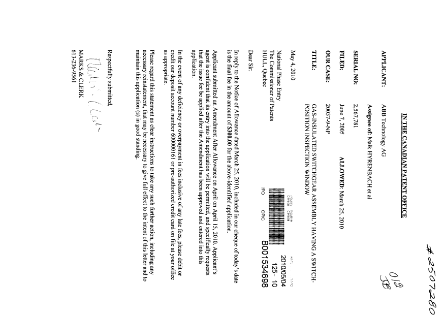 Canadian Patent Document 2567781. Correspondence 20091204. Image 1 of 1