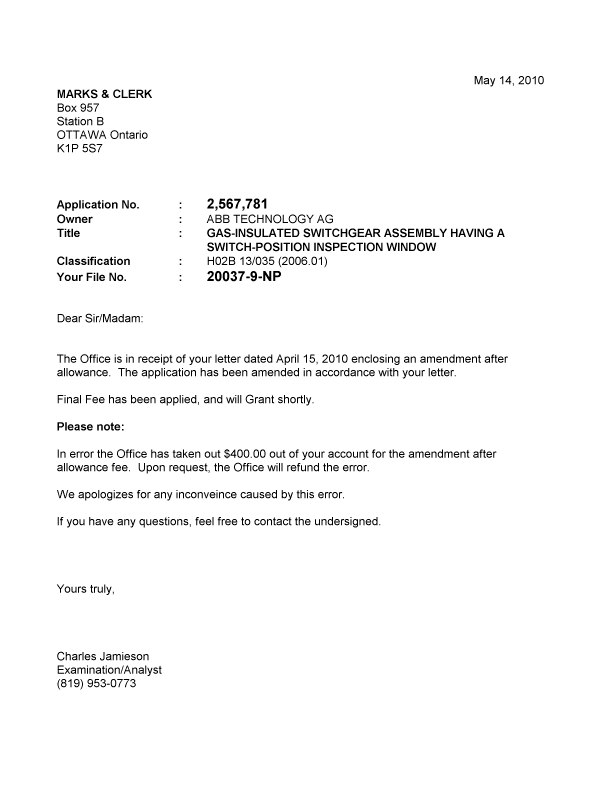 Document de brevet canadien 2567781. Correspondance 20091214. Image 1 de 1