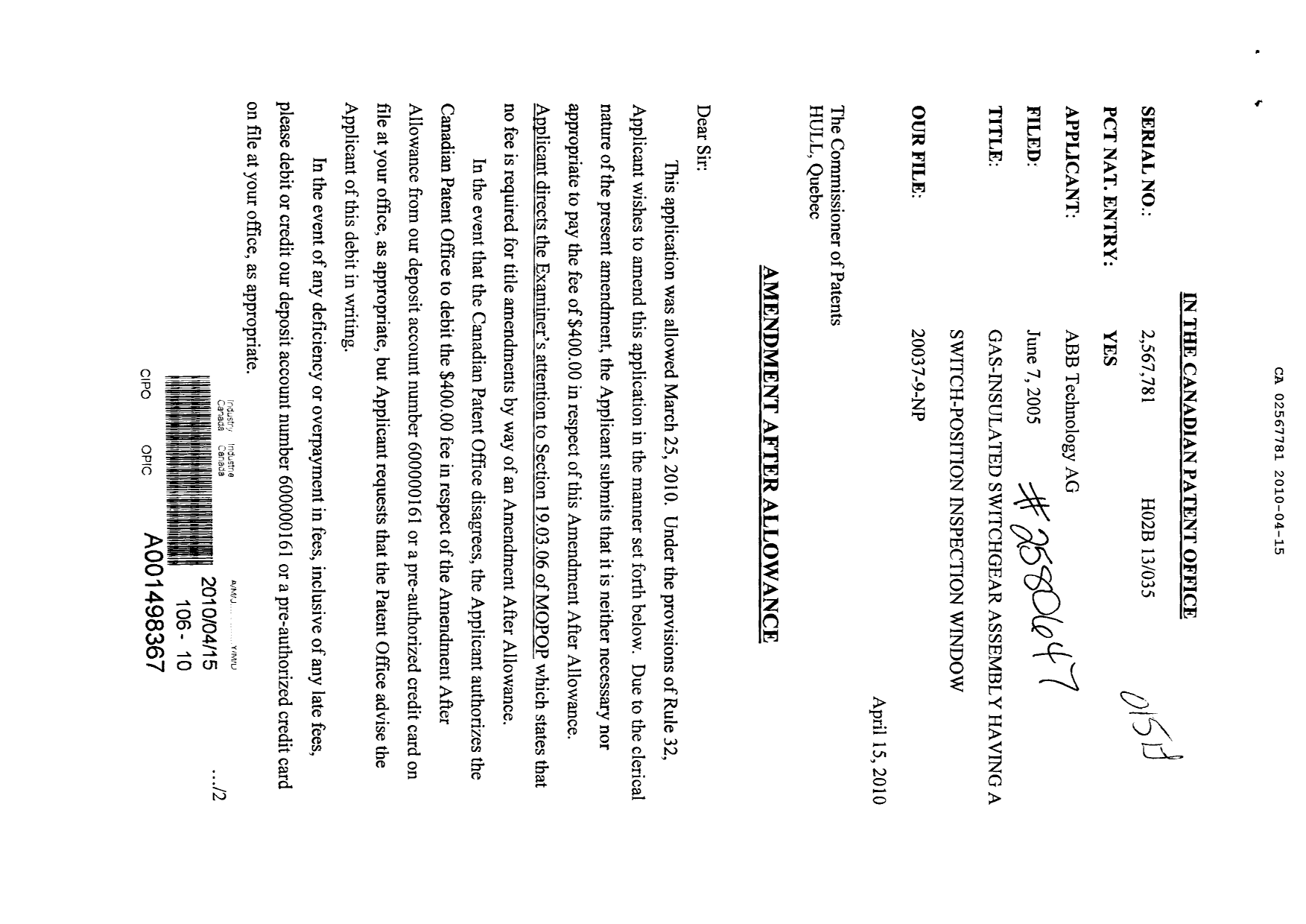 Canadian Patent Document 2567781. Prosecution-Amendment 20091215. Image 1 of 3