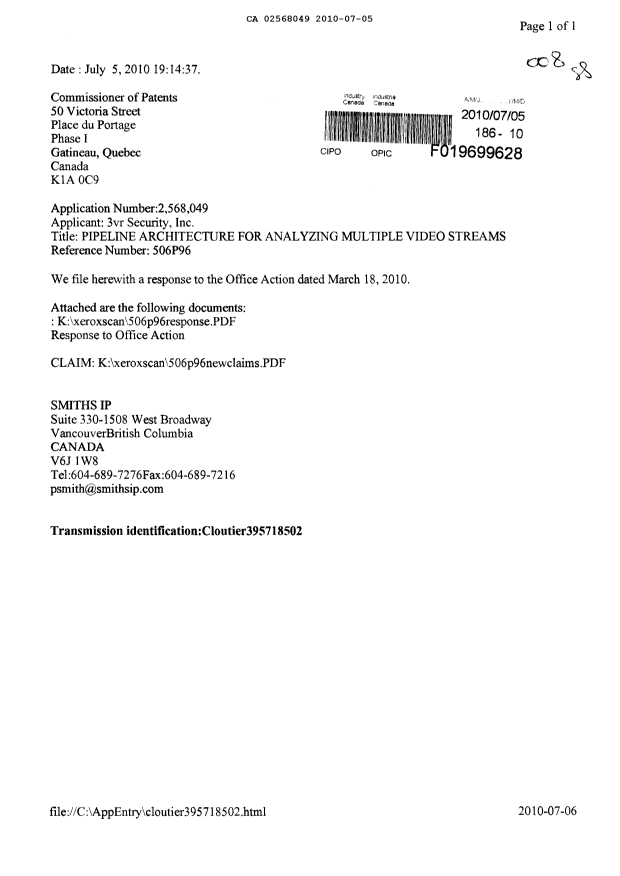 Document de brevet canadien 2568049. Poursuite-Amendment 20100705. Image 1 de 26