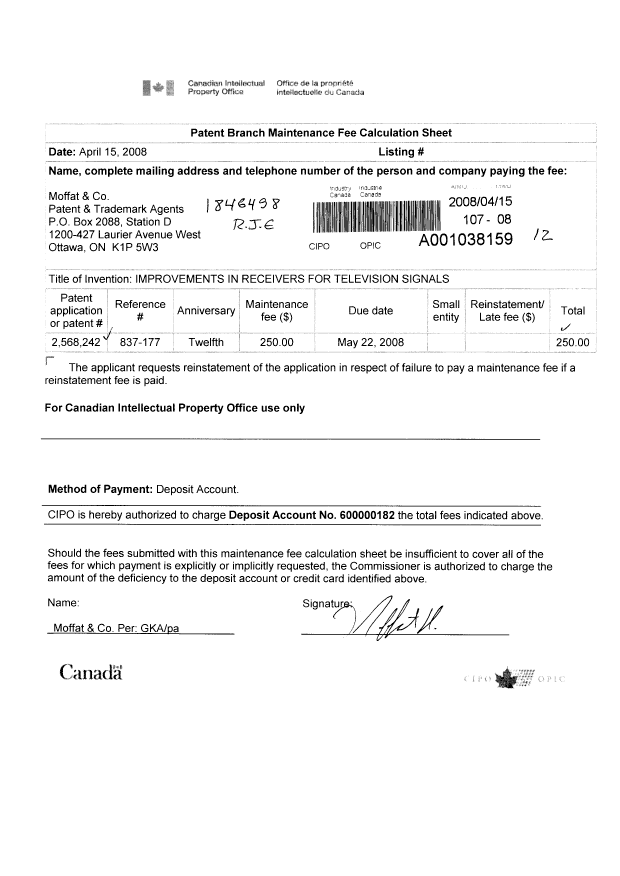 Document de brevet canadien 2568242. Taxes 20080415. Image 1 de 1