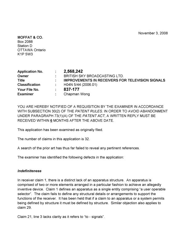 Document de brevet canadien 2568242. Poursuite-Amendment 20081103. Image 1 de 2