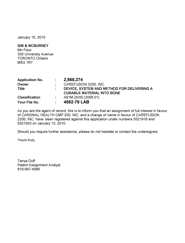 Document de brevet canadien 2568374. Correspondance 20100115. Image 1 de 1