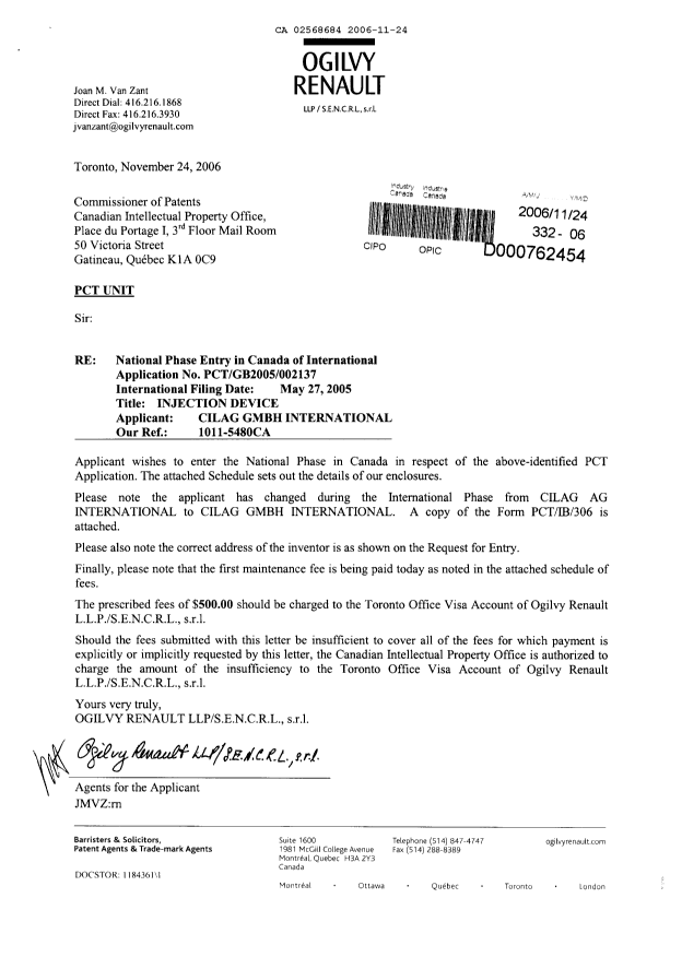 Document de brevet canadien 2568684. Cession 20061124. Image 1 de 3