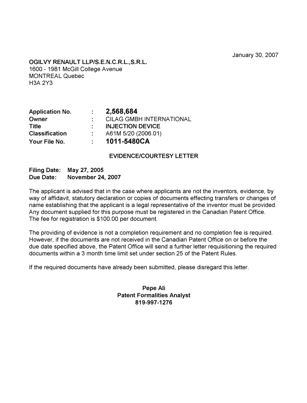 Document de brevet canadien 2568684. Correspondance 20070125. Image 1 de 1