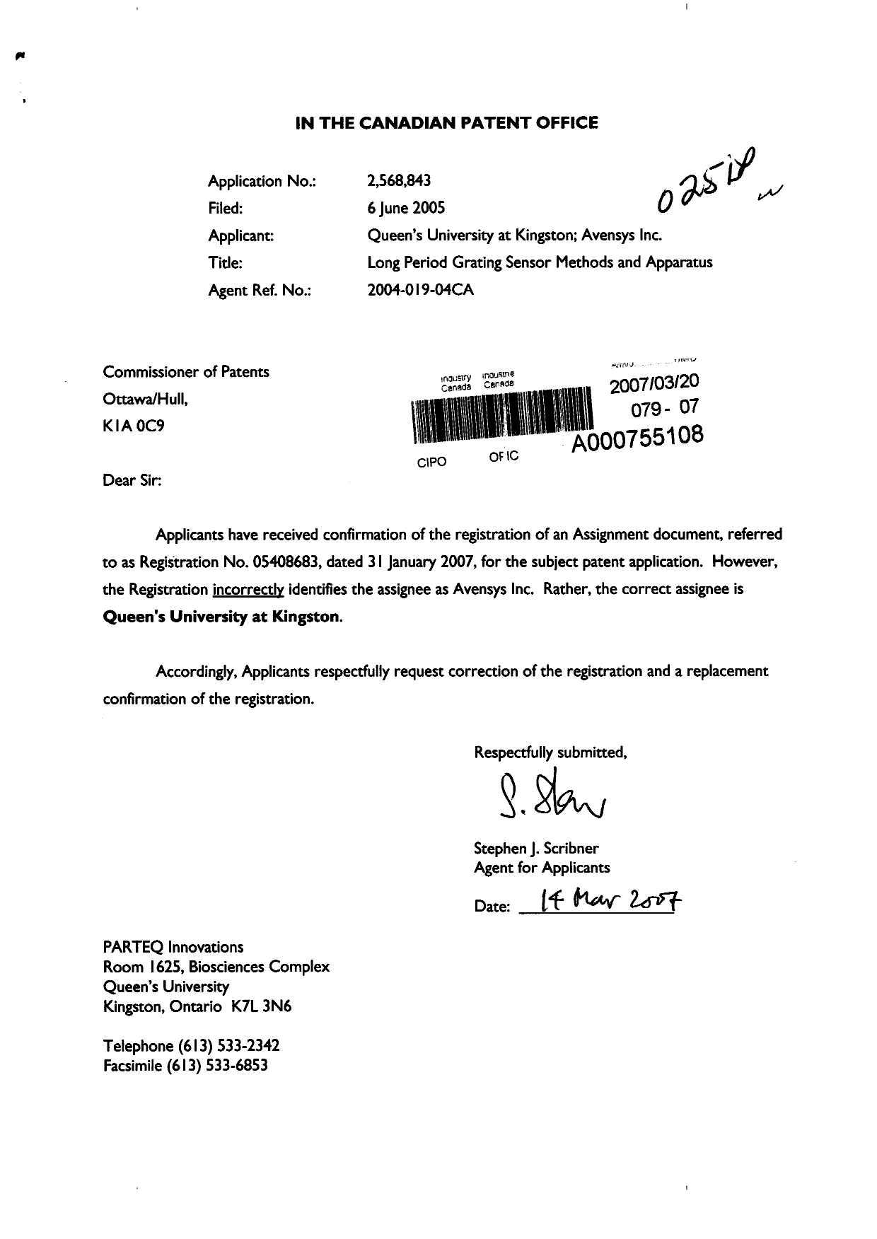 Document de brevet canadien 2568843. Cession 20061220. Image 1 de 1