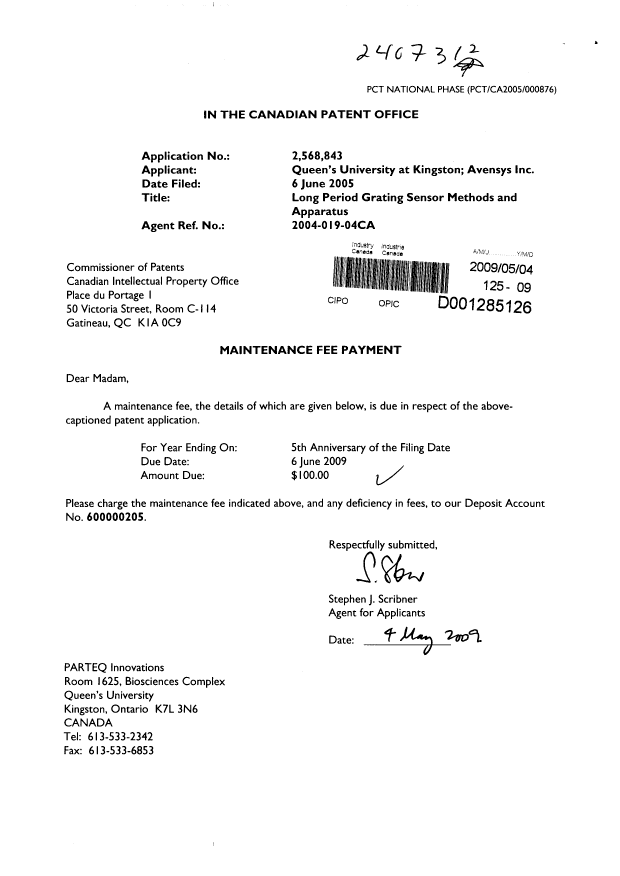 Canadian Patent Document 2568843. Fees 20081204. Image 1 of 1