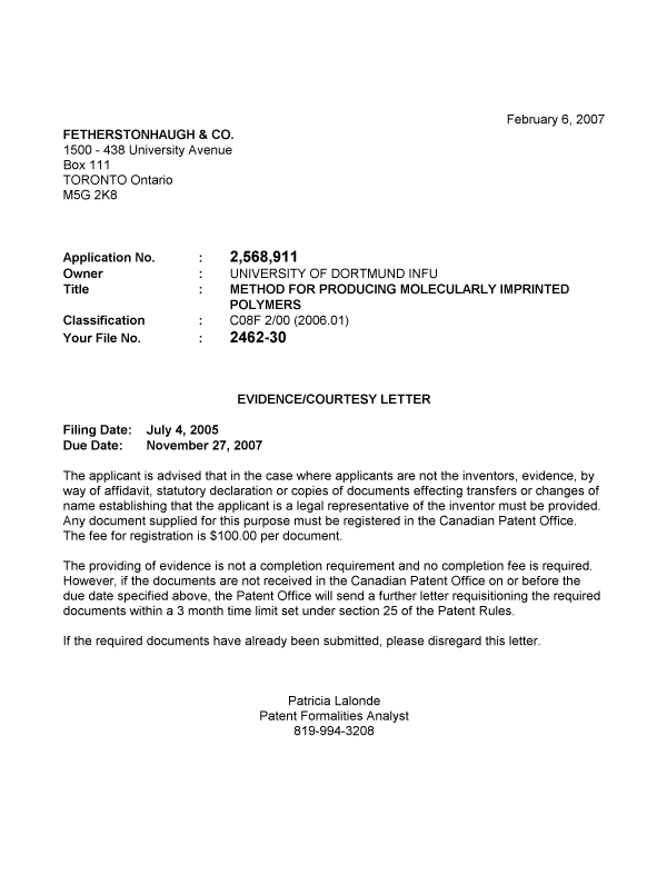 Document de brevet canadien 2568911. Correspondance 20070129. Image 1 de 1