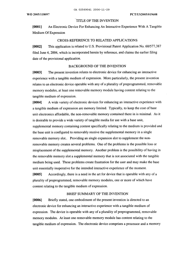 Document de brevet canadien 2569041. Description 20061129. Image 1 de 10