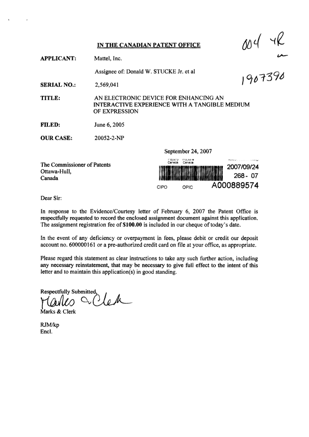 Document de brevet canadien 2569041. Cession 20070924. Image 1 de 9