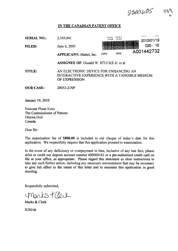 Document de brevet canadien 2569041. Poursuite-Amendment 20100119. Image 1 de 1