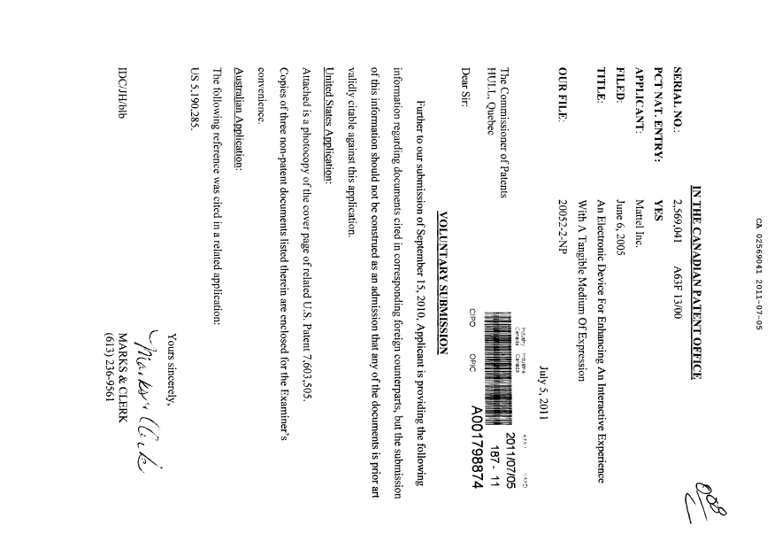 Canadian Patent Document 2569041. Prosecution-Amendment 20110705. Image 1 of 1