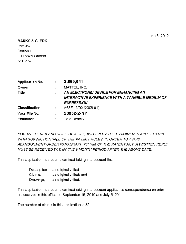 Document de brevet canadien 2569041. Poursuite-Amendment 20120605. Image 1 de 2