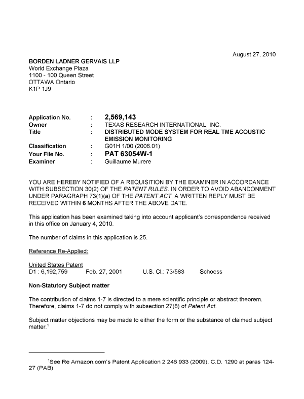 Canadian Patent Document 2569143. Prosecution-Amendment 20091227. Image 1 of 3