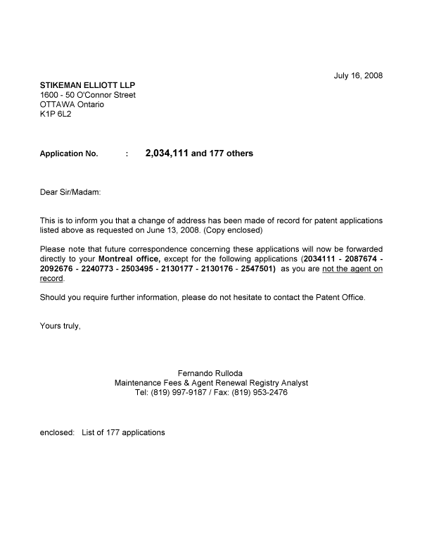 Document de brevet canadien 2569214. Correspondance 20080716. Image 1 de 1