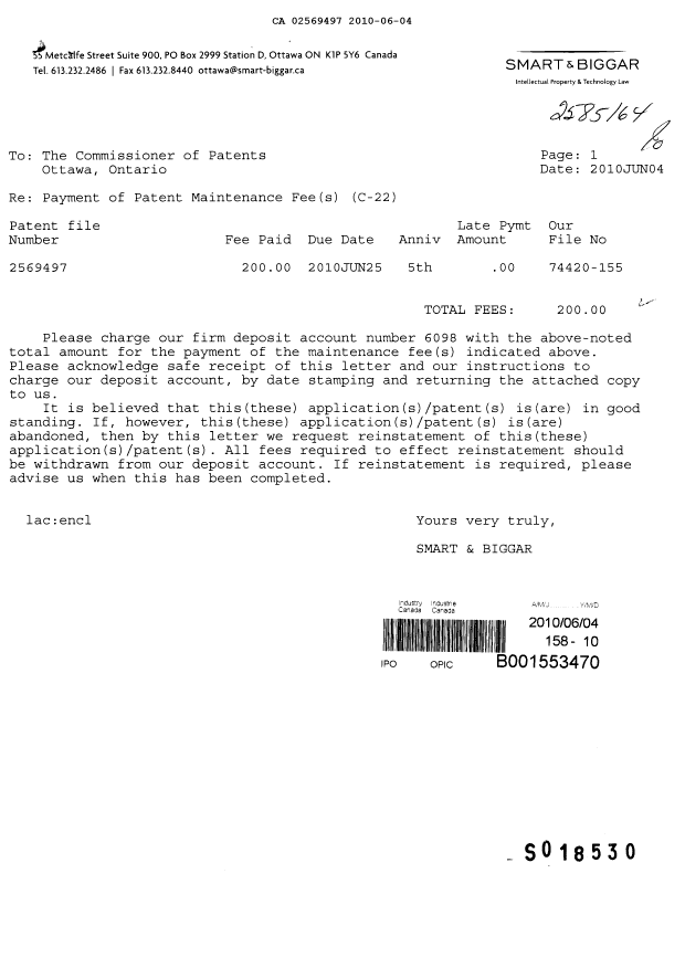 Document de brevet canadien 2569497. Taxes 20100604. Image 1 de 1