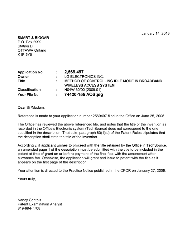 Document de brevet canadien 2569497. Correspondance 20130114. Image 1 de 1