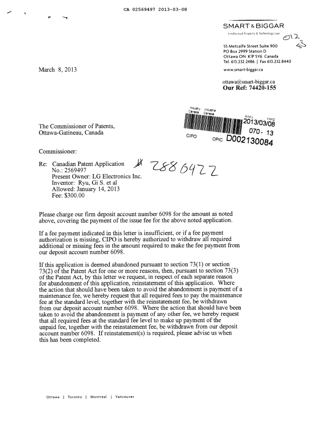 Document de brevet canadien 2569497. Correspondance 20130308. Image 1 de 2