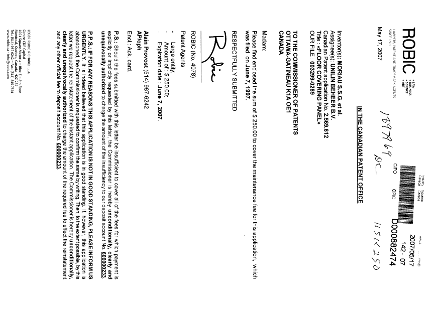 Canadian Patent Document 2569612. Fees 20070517. Image 1 of 1
