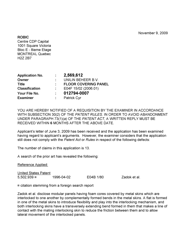 Canadian Patent Document 2569612. Prosecution-Amendment 20091109. Image 1 of 2