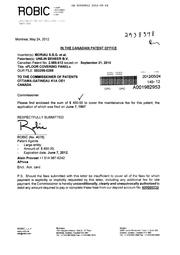 Document de brevet canadien 2569612. Taxes 20120524. Image 1 de 1