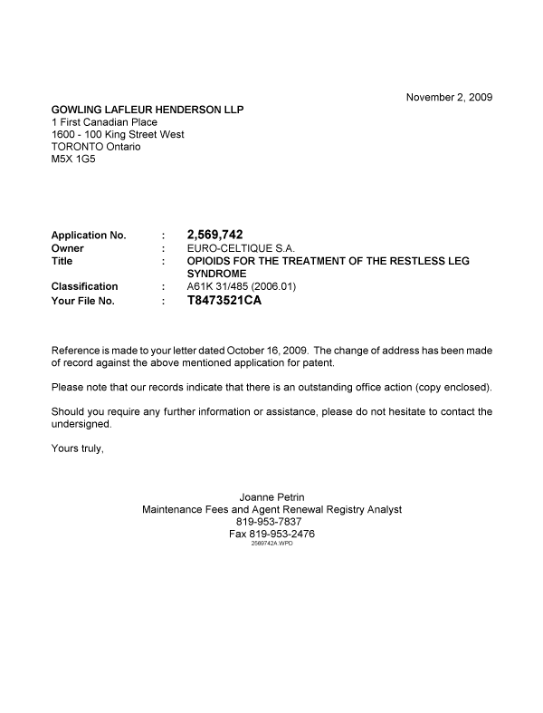 Document de brevet canadien 2569742. Correspondance 20091102. Image 1 de 1