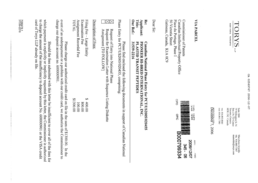 Canadian Patent Document 2569767. Assignment 20061207. Image 1 of 5