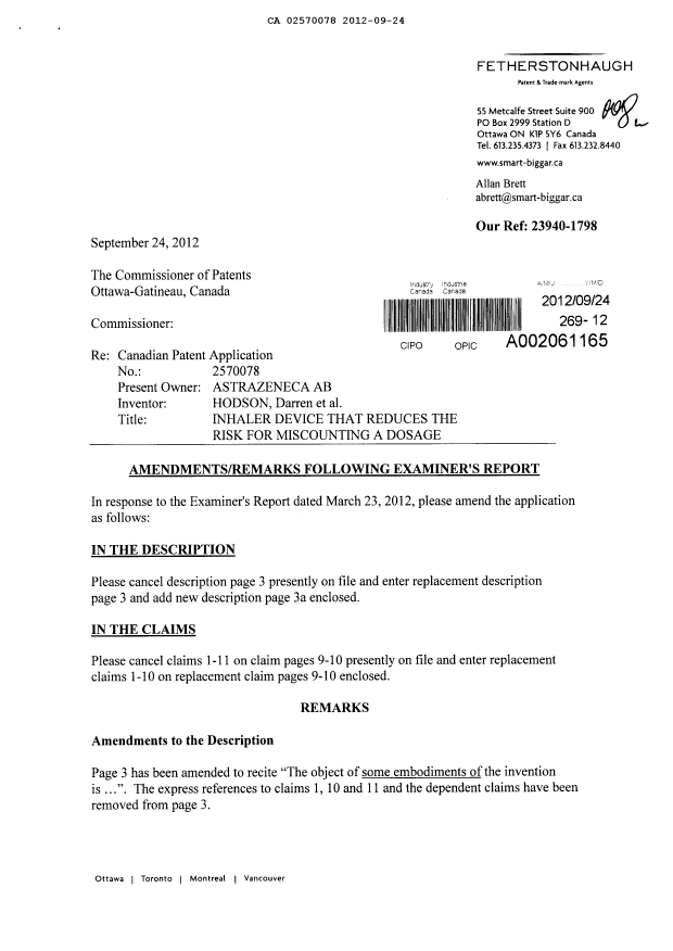 Document de brevet canadien 2570078. Poursuite-Amendment 20120924. Image 1 de 11