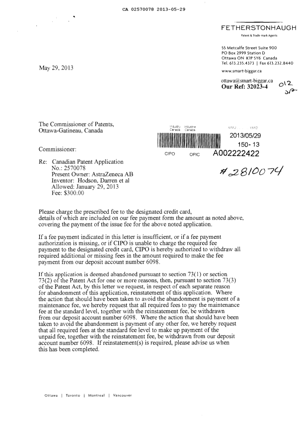 Document de brevet canadien 2570078. Correspondance 20130529. Image 1 de 2