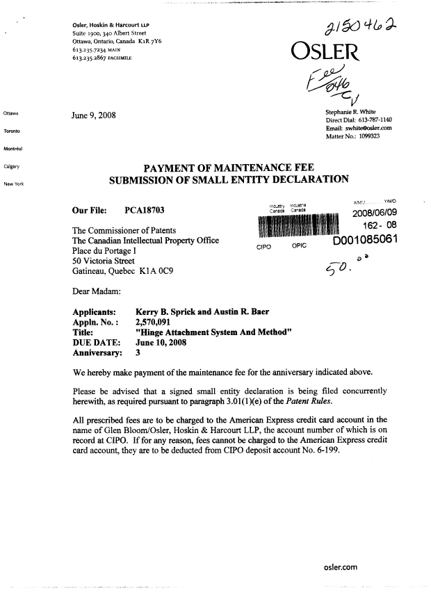 Document de brevet canadien 2570091. Correspondance 20080609. Image 1 de 3