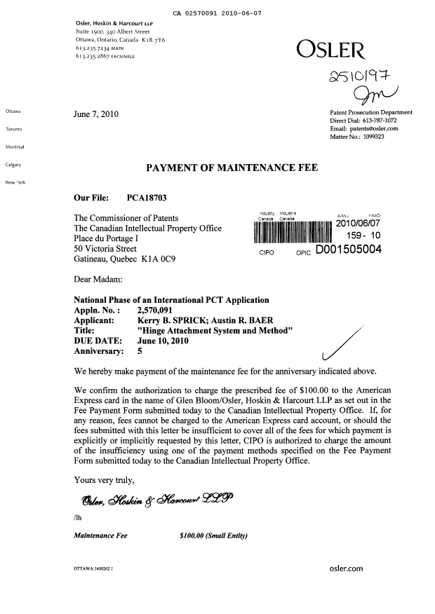 Document de brevet canadien 2570091. Taxes 20100607. Image 1 de 1