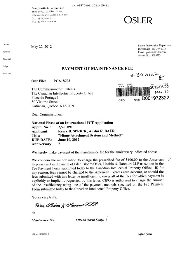 Document de brevet canadien 2570091. Taxes 20120522. Image 1 de 1