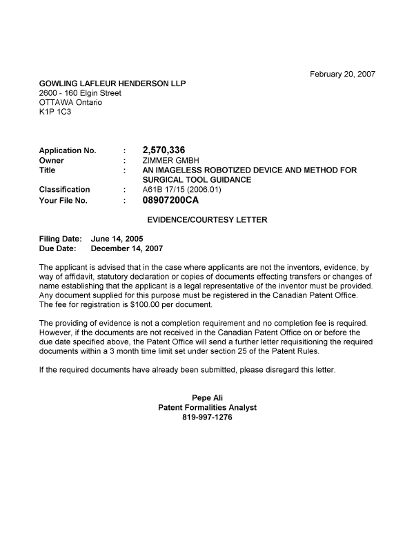 Document de brevet canadien 2570336. Correspondance 20070212. Image 1 de 1