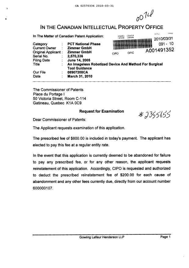 Document de brevet canadien 2570336. Poursuite-Amendment 20100331. Image 1 de 2
