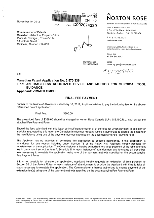 Document de brevet canadien 2570336. Correspondance 20121115. Image 1 de 2