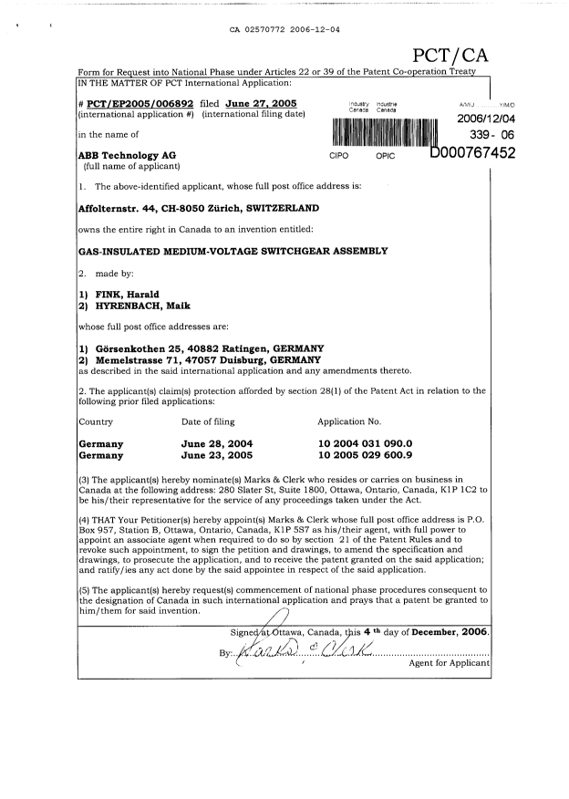 Document de brevet canadien 2570772. Cession 20051204. Image 2 de 2