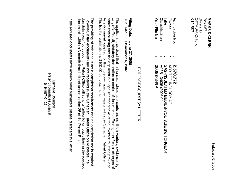 Document de brevet canadien 2570772. Correspondance 20061201. Image 1 de 1