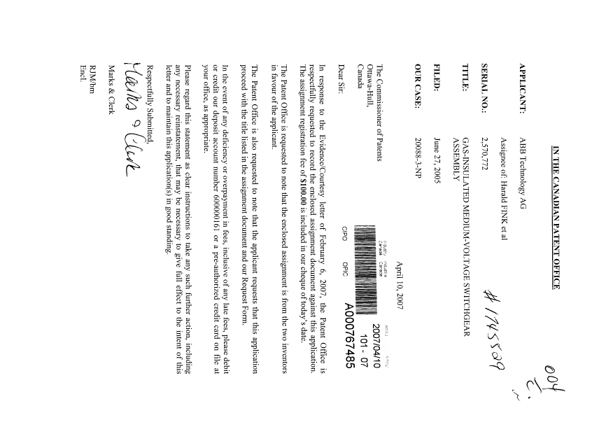 Document de brevet canadien 2570772. Cession 20061210. Image 1 de 2