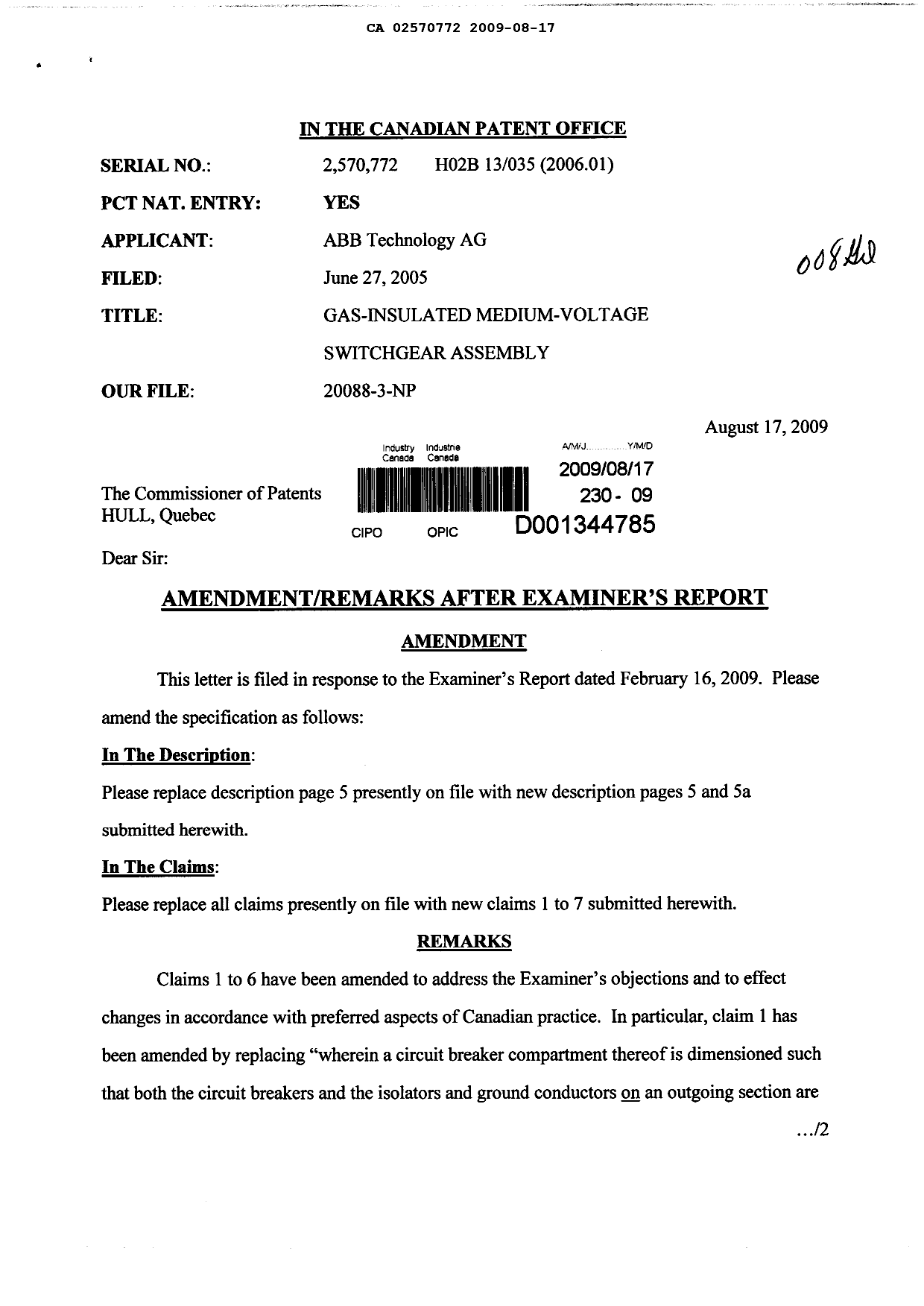 Document de brevet canadien 2570772. Poursuite-Amendment 20081217. Image 1 de 8