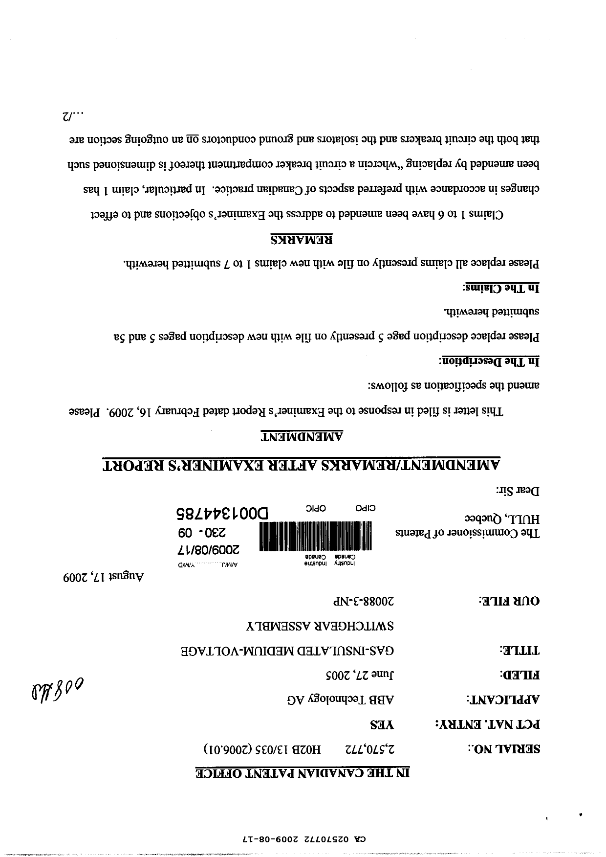 Canadian Patent Document 2570772. Prosecution-Amendment 20081217. Image 1 of 8