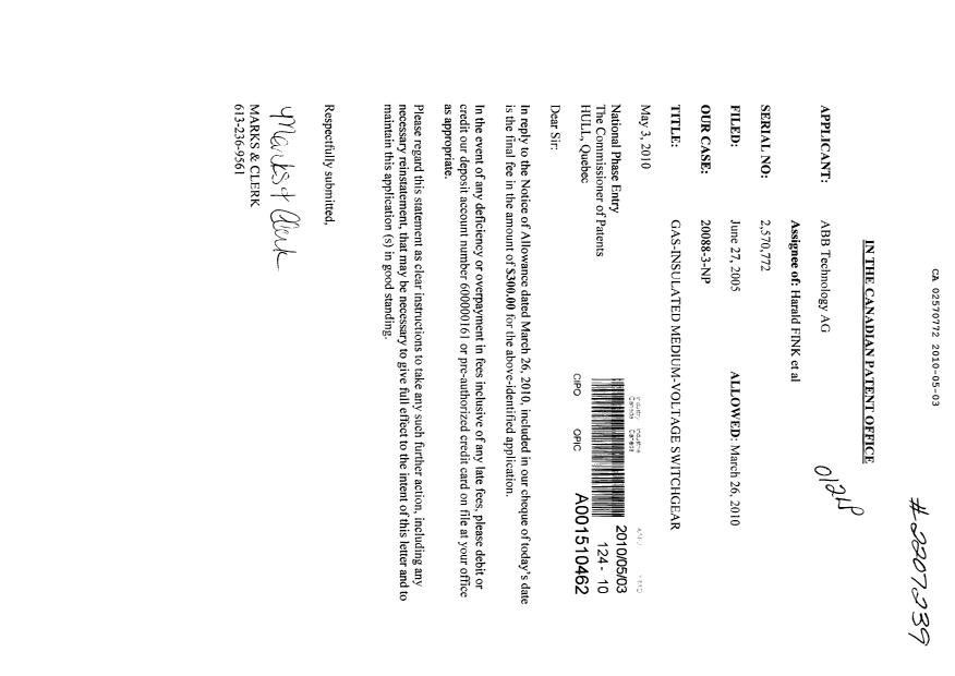 Document de brevet canadien 2570772. Correspondance 20091203. Image 1 de 1