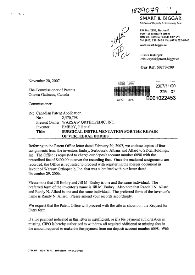Canadian Patent Document 2570798. Correspondence 20061220. Image 1 of 2