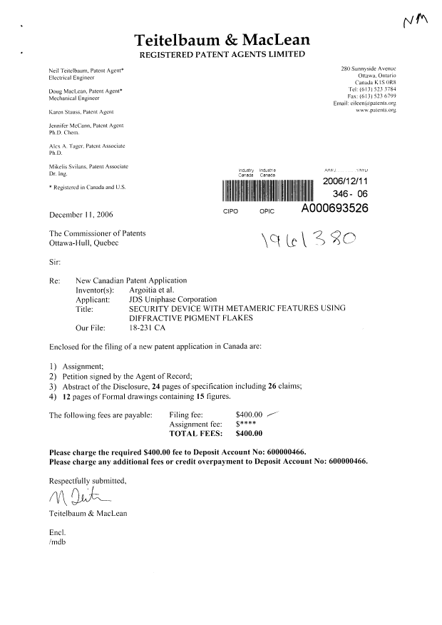 Document de brevet canadien 2570965. Cession 20061211. Image 1 de 2