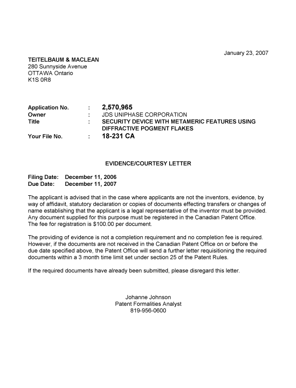 Document de brevet canadien 2570965. Correspondance 20070119. Image 1 de 1