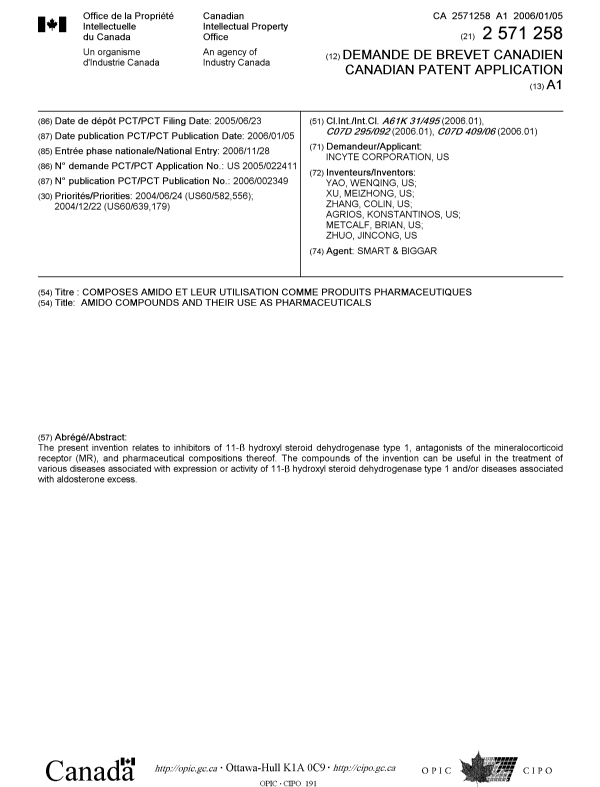 Canadian Patent Document 2571258. Cover Page 20070213. Image 1 of 1