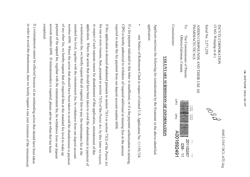 Canadian Patent Document 2571258. Prosecution-Amendment 20110207. Image 1 of 2